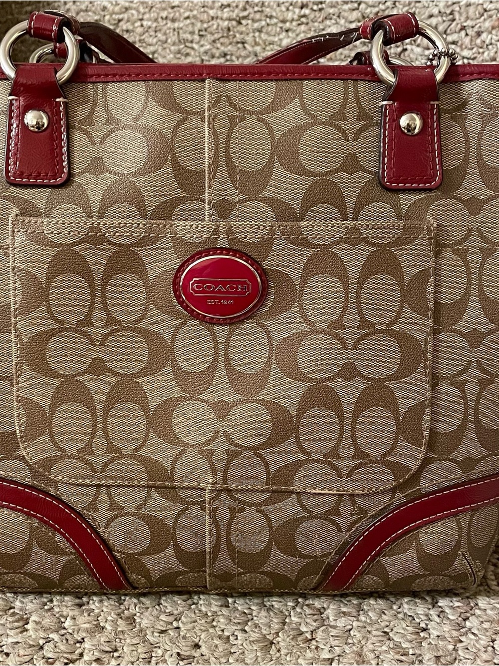 Coach Tan Signature Canvas Tote with Red Trim